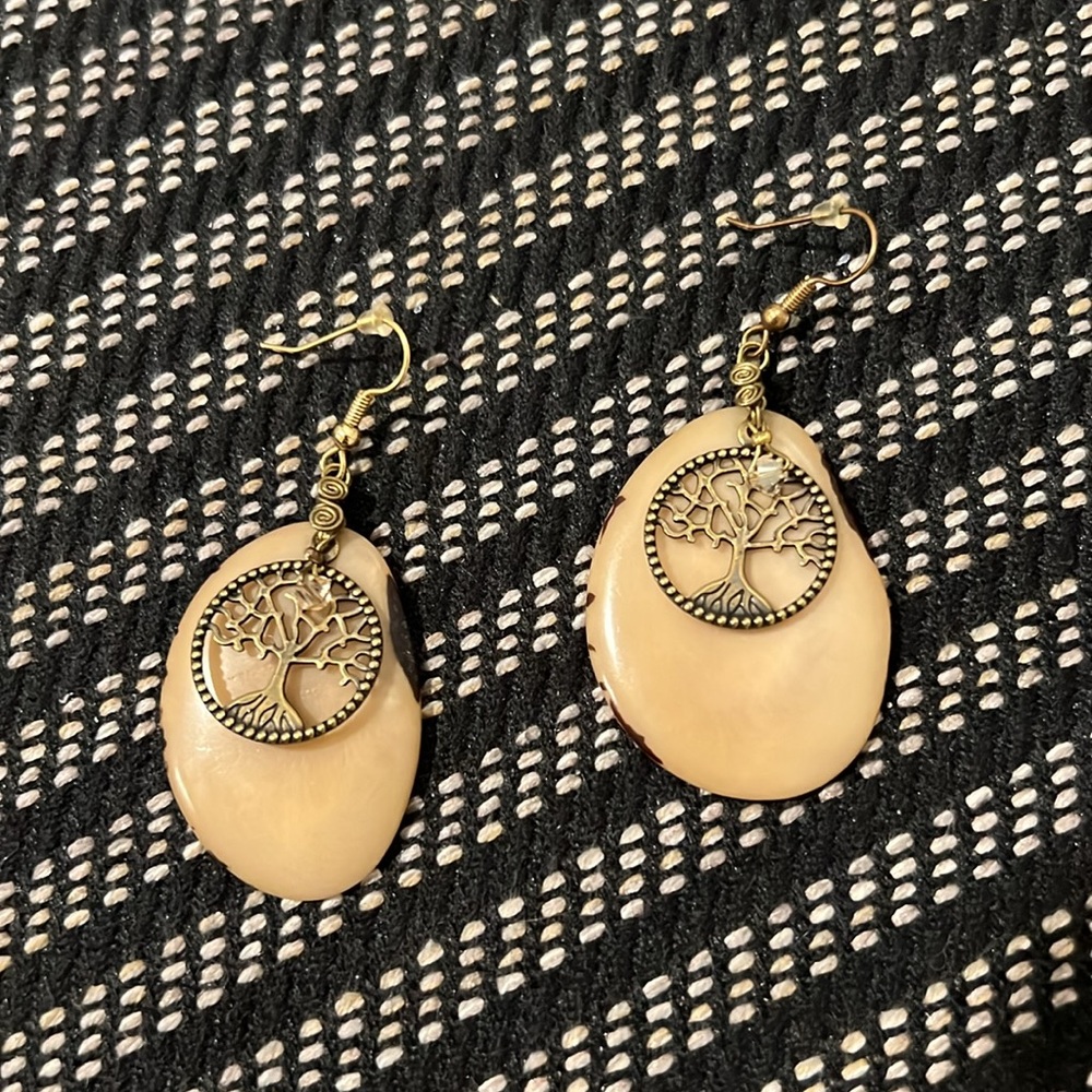 Tree Of Life Charm Polished Stone Tan Bronze Unique Pierced Earrings